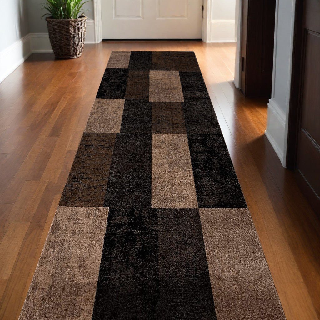 13' Brown And Black Geometric Shag Runner Rug - BlueBreeze