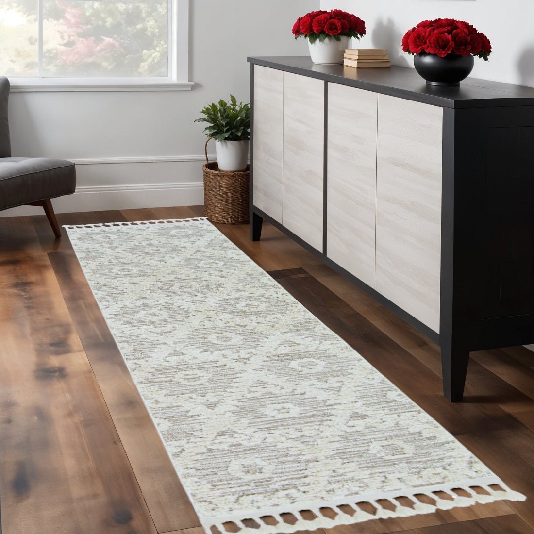 8' Beige and Ivory Geometric Runner Rug - BlueBreeze