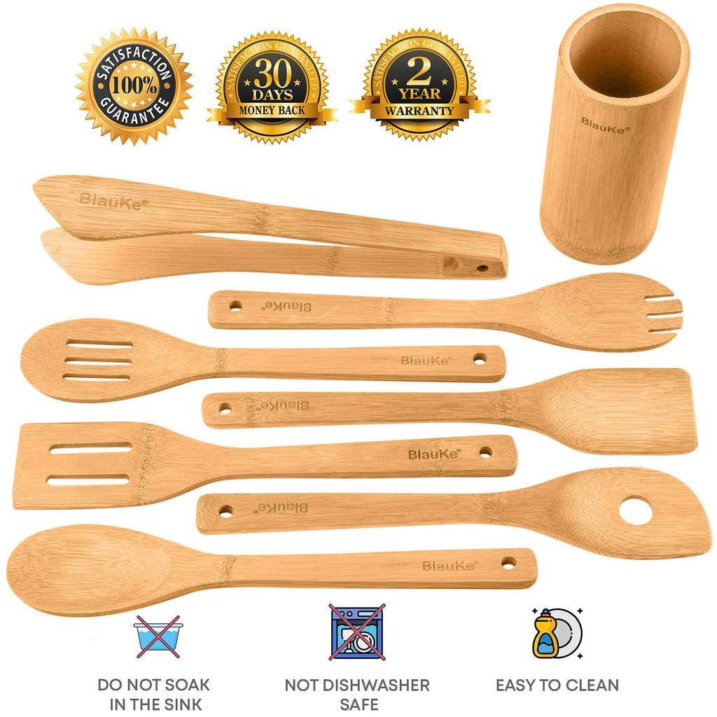 Bamboo Kitchen Utensils Set 8 - Pack - Wooden Cooking Utensils for Nonstick Cookware - Wooden Cooking Spoons, Spatulas, Turner, Tongs, Utensil Holder - BlueBreeze