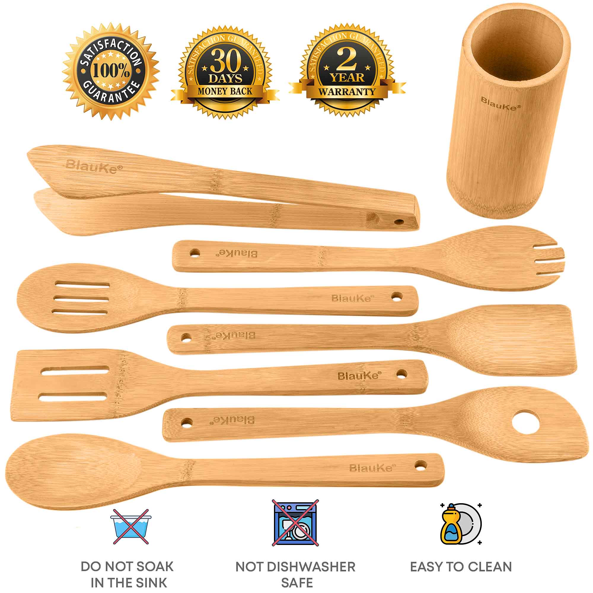 Bamboo Kitchen Utensils Set 8 - Pack - Wooden Cooking Utensils for Nonstick Cookware - Wooden Cooking Spoons, Spatulas, Turner, Tongs, Utensil Holder - BlueBreeze