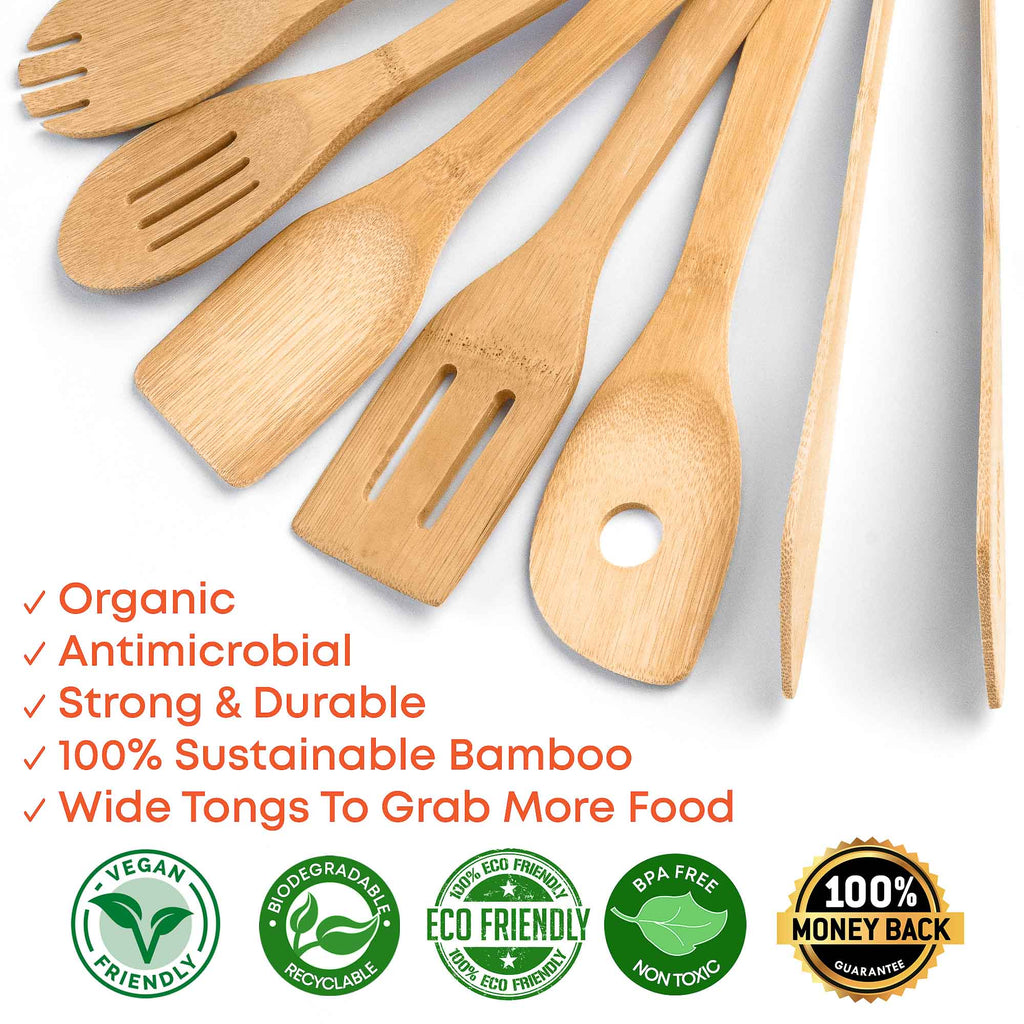 Bamboo Kitchen Utensils Set 8 - Pack - Wooden Cooking Utensils for Nonstick Cookware - Wooden Cooking Spoons, Spatulas, Turner, Tongs, Utensil Holder - BlueBreeze