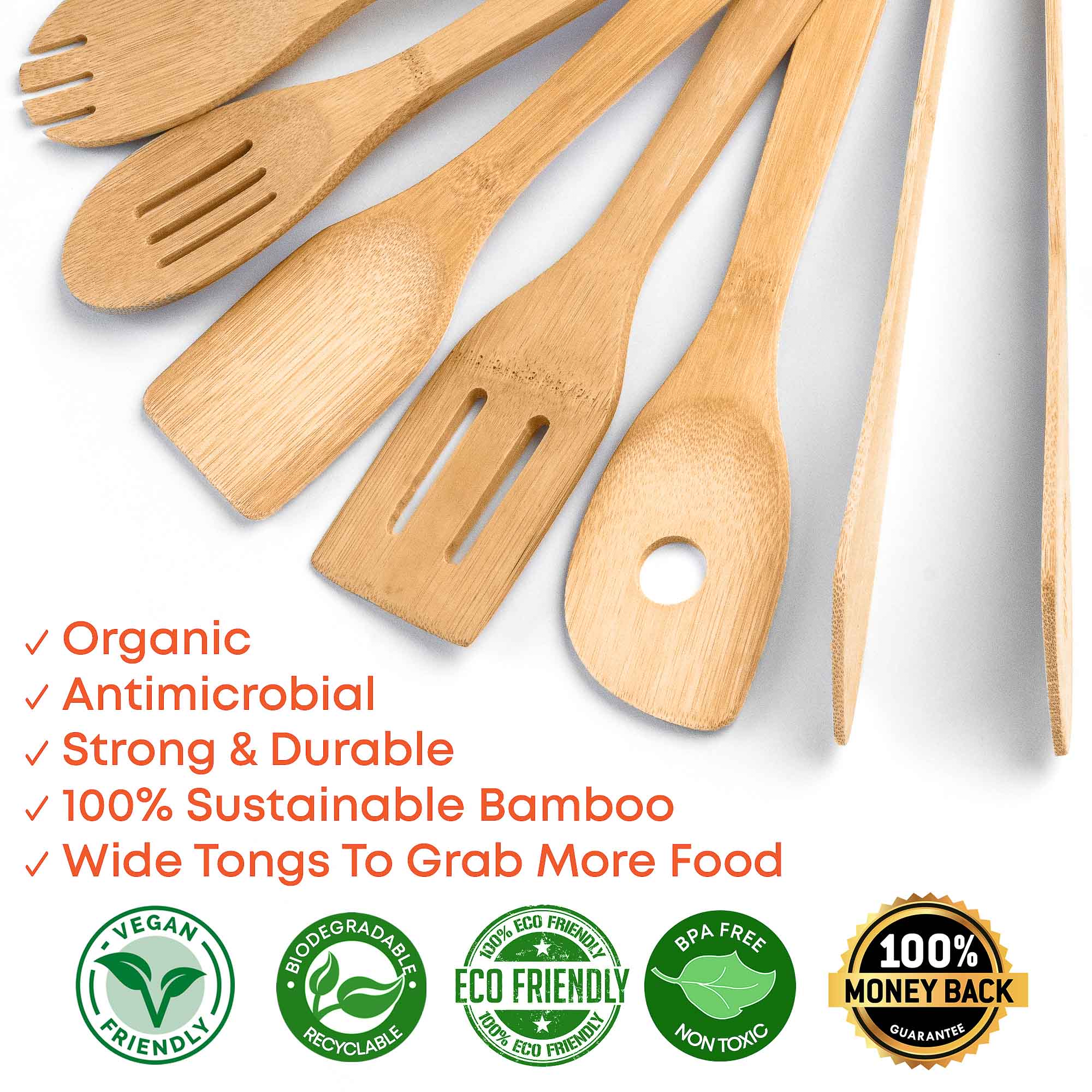 Bamboo Kitchen Utensils Set 8 - Pack - Wooden Cooking Utensils for Nonstick Cookware - Wooden Cooking Spoons, Spatulas, Turner, Tongs, Utensil Holder - BlueBreeze