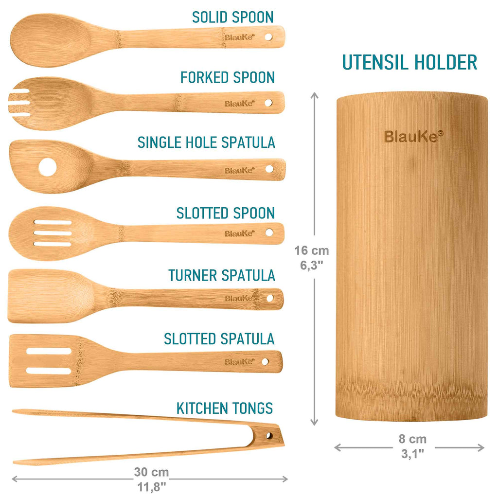 Bamboo Kitchen Utensils Set 8 - Pack - Wooden Cooking Utensils for Nonstick Cookware - Wooden Cooking Spoons, Spatulas, Turner, Tongs, Utensil Holder - BlueBreeze