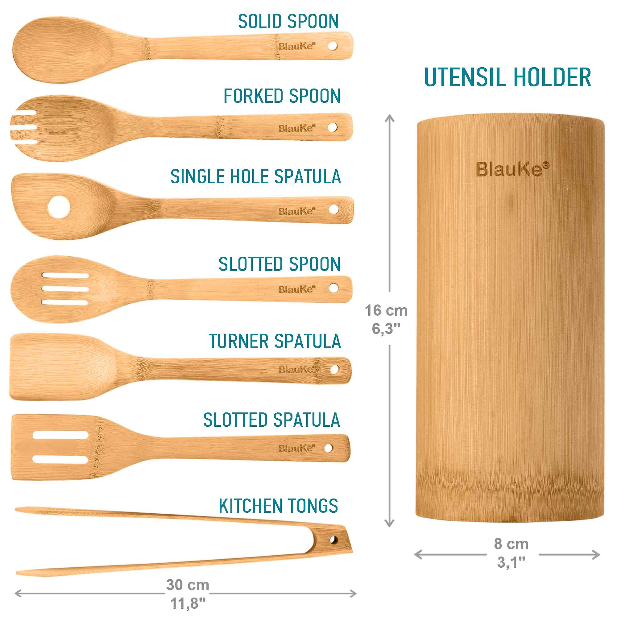 Bamboo Kitchen Utensils Set 8 - Pack - Wooden Cooking Utensils for Nonstick Cookware - Wooden Cooking Spoons, Spatulas, Turner, Tongs, Utensil Holder - BlueBreeze