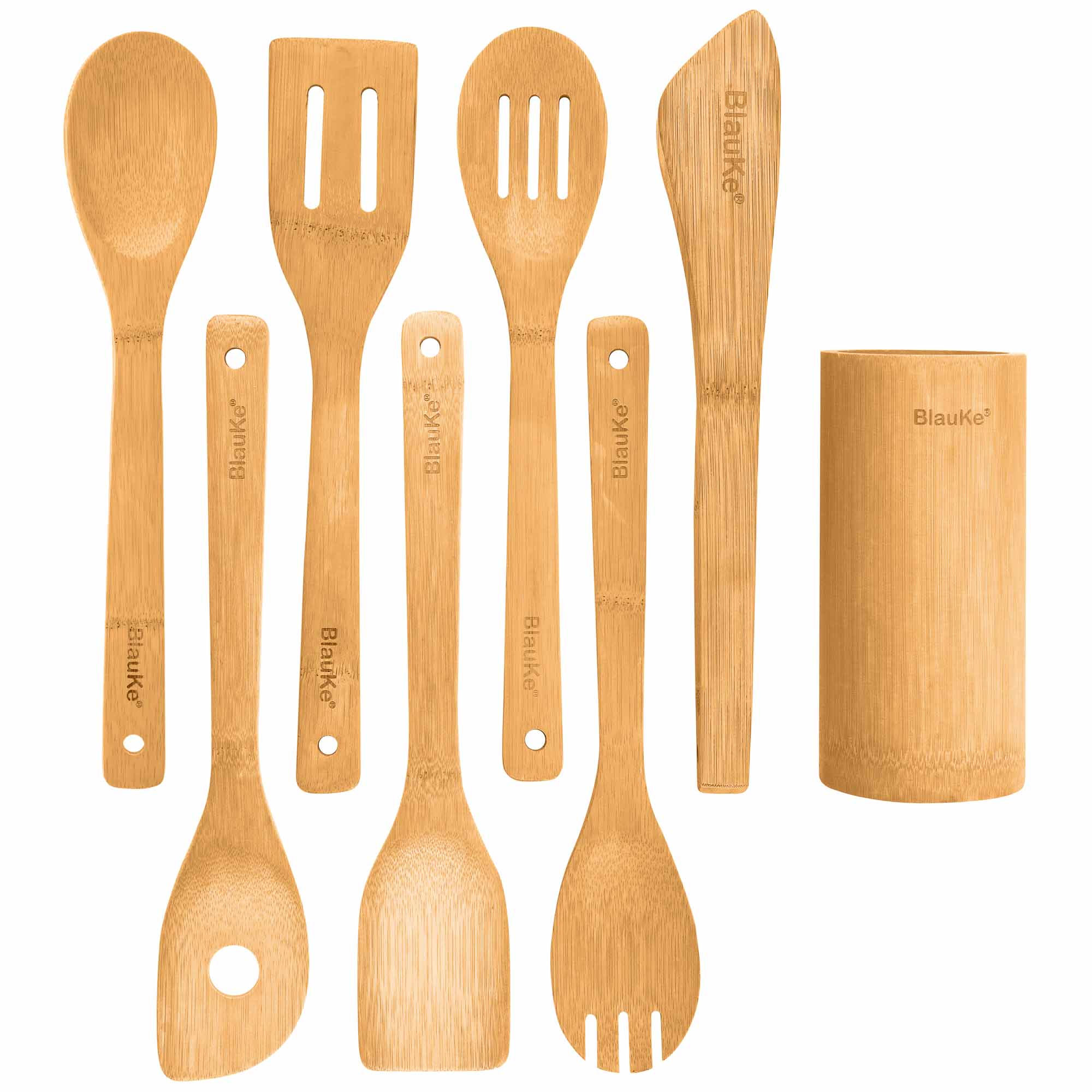 Bamboo Kitchen Utensils Set 8 - Pack - Wooden Cooking Utensils for Nonstick Cookware - Wooden Cooking Spoons, Spatulas, Turner, Tongs, Utensil Holder - BlueBreeze