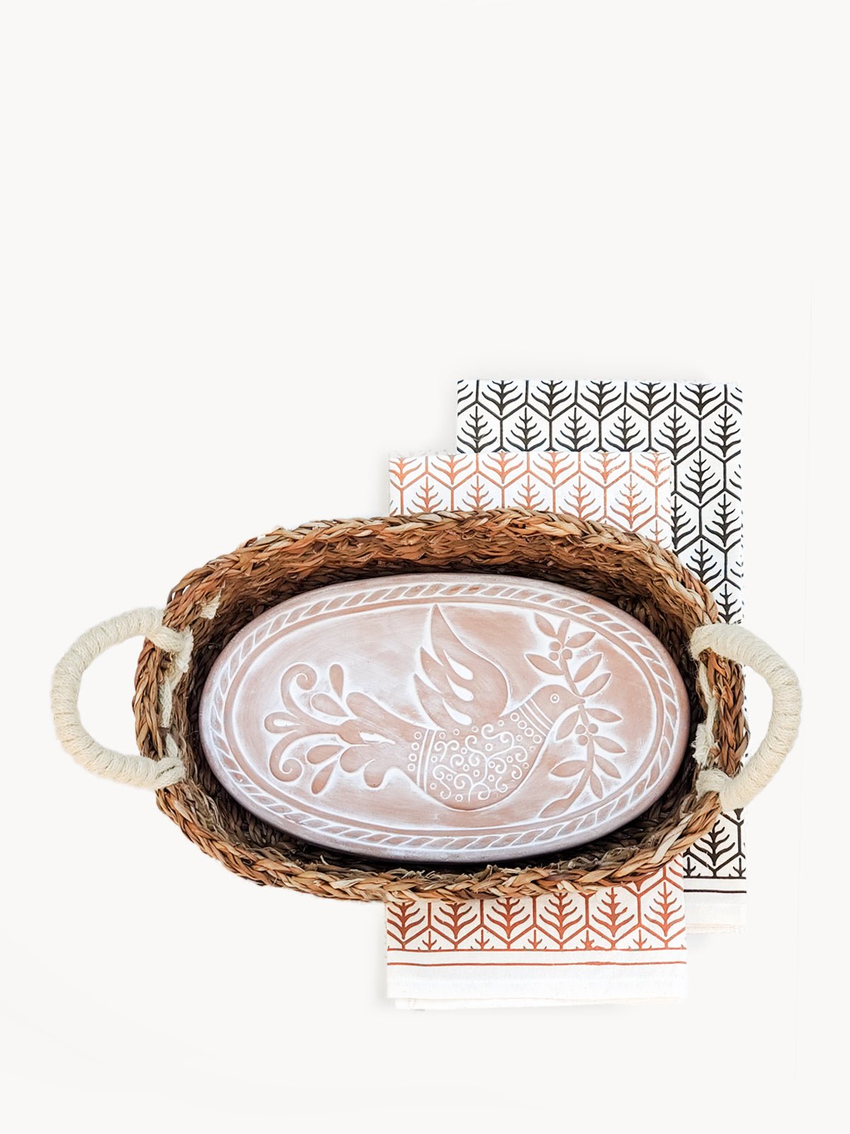 Bread Warmer & Basket Gift Set with Tea Towel - Bird Oval - BlueBreeze