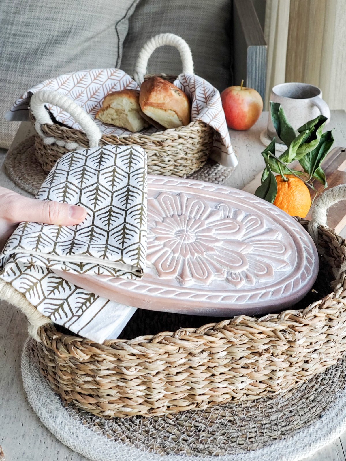Bread Warmer & Basket Gift Set with Tea Towel - Flower - BlueBreeze