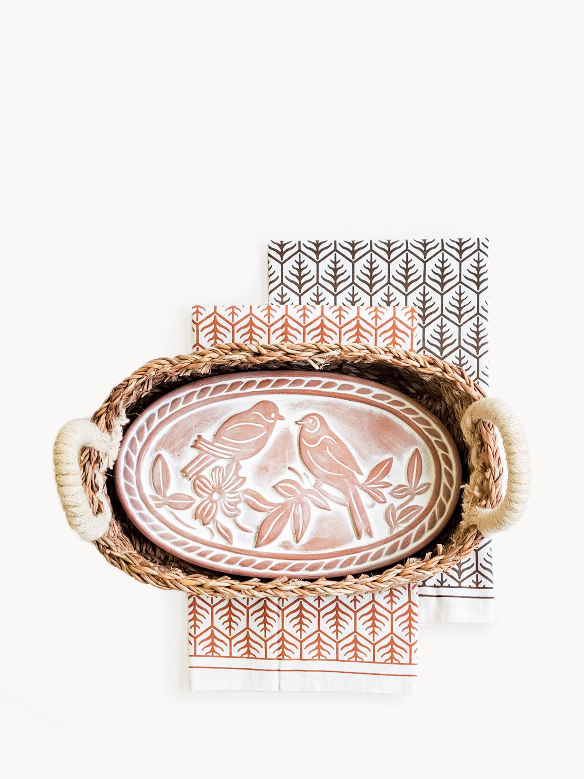 Bread Warmer & Basket Gift Set with Tea Towel - Lovebird Oval - BlueBreeze