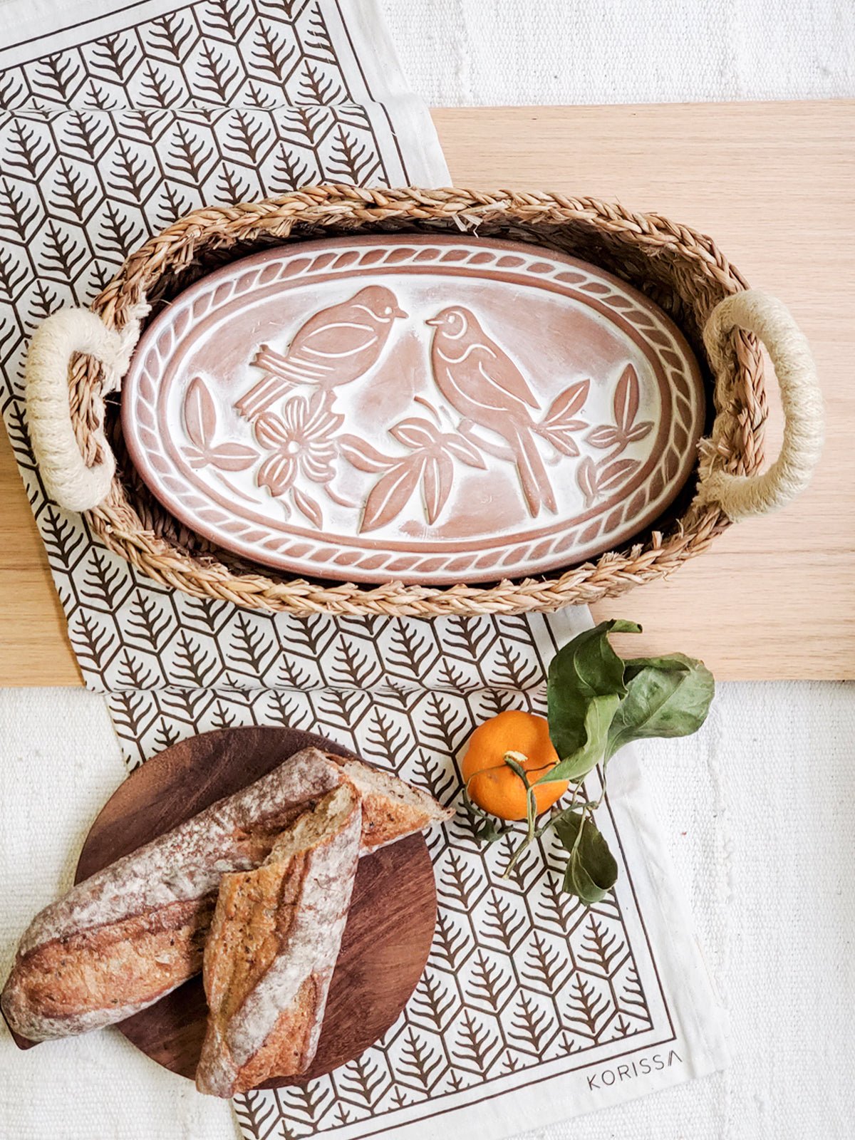 Bread Warmer & Basket Gift Set with Tea Towel - Lovebird Oval - BlueBreeze