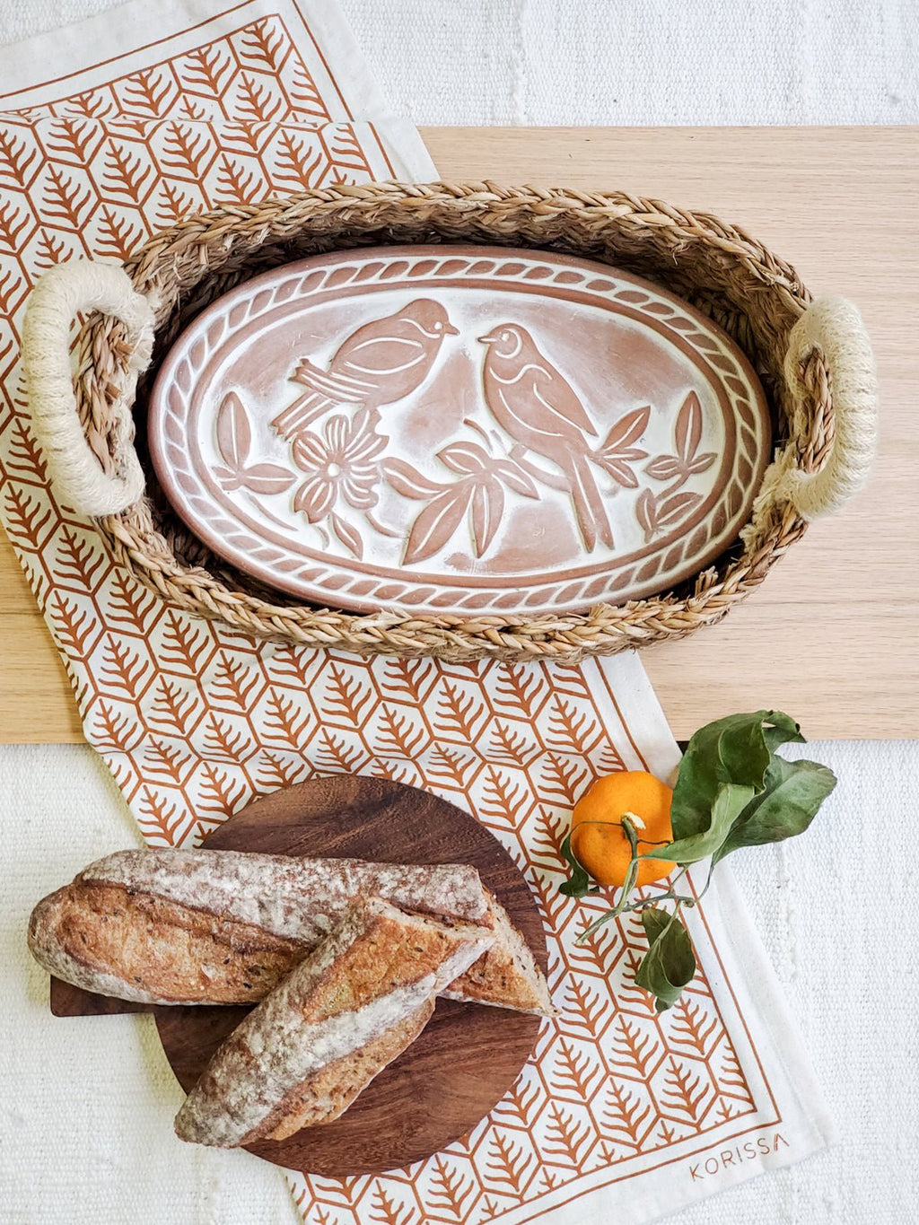 Bread Warmer & Basket Gift Set with Tea Towel - Lovebird Oval - BlueBreeze