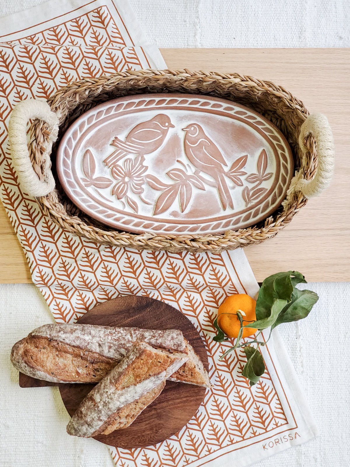 Bread Warmer & Basket Gift Set with Tea Towel - Lovebird Oval - BlueBreeze