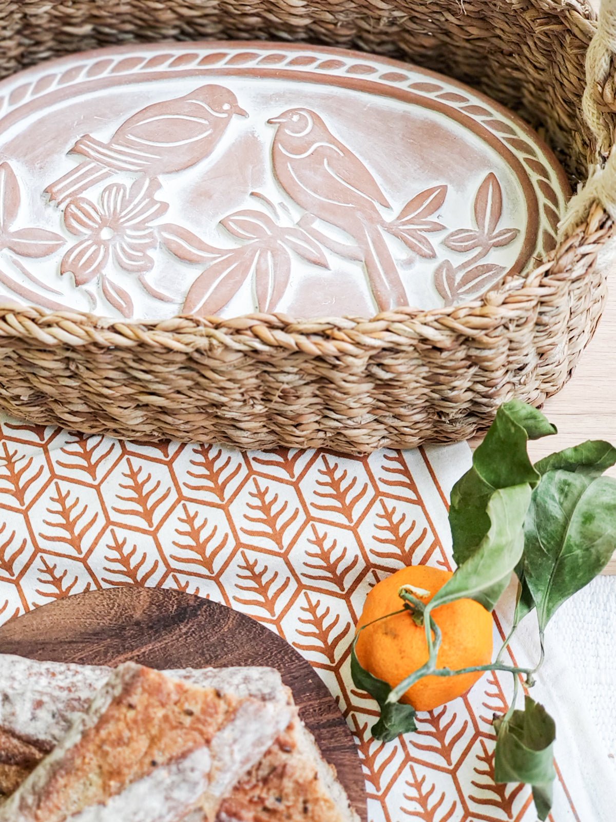 Bread Warmer & Basket Gift Set with Tea Towel - Lovebird Oval - BlueBreeze