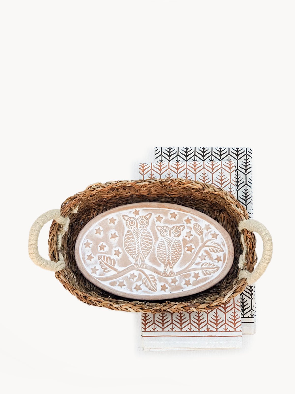 Bread Warmer & Basket Gift Set with Tea Towel - Owl Oval - BlueBreeze