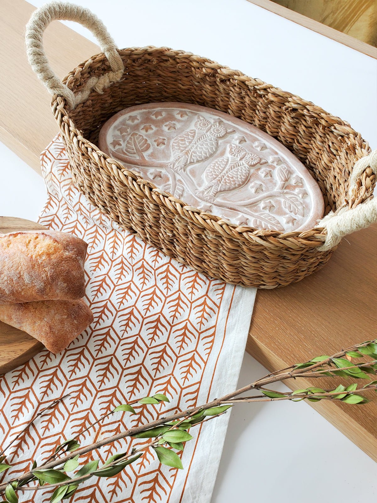 Bread Warmer & Basket Gift Set with Tea Towel - Owl Oval - BlueBreeze