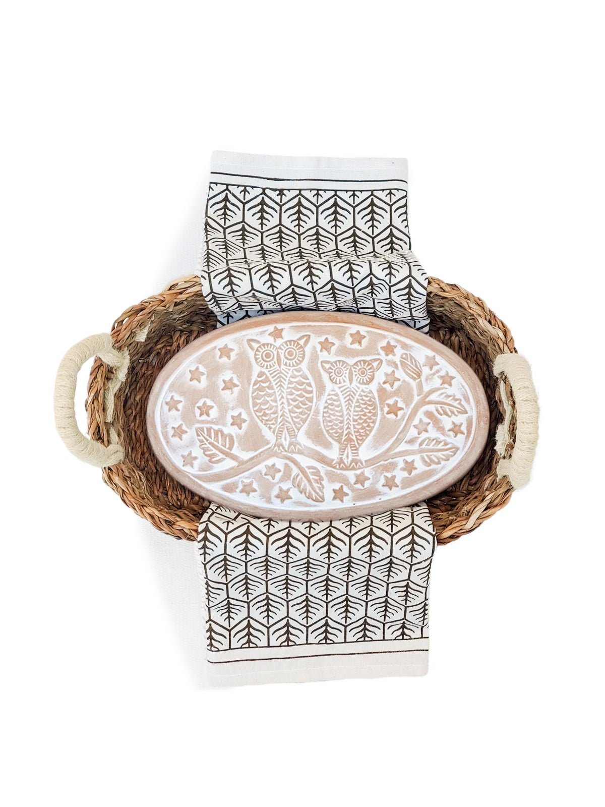 Bread Warmer & Basket Gift Set with Tea Towel - Owl Oval - BlueBreeze