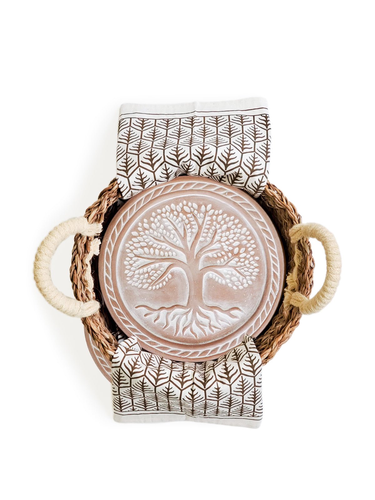 Bread Warmer & Basket Gift Set with Tea Towel - Tree of Life Round - BlueBreeze