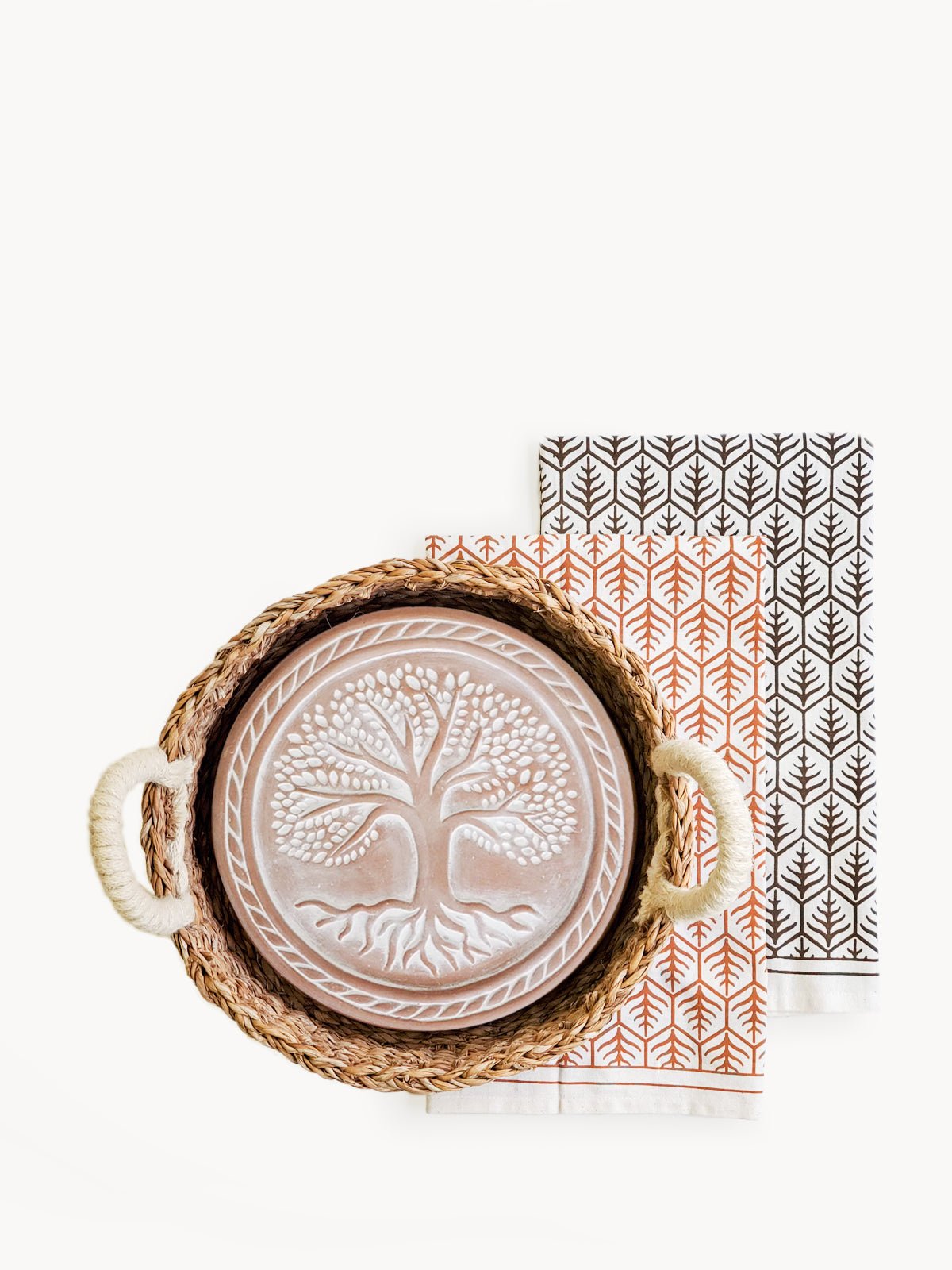 Bread Warmer & Basket Gift Set with Tea Towel - Tree of Life Round - BlueBreeze