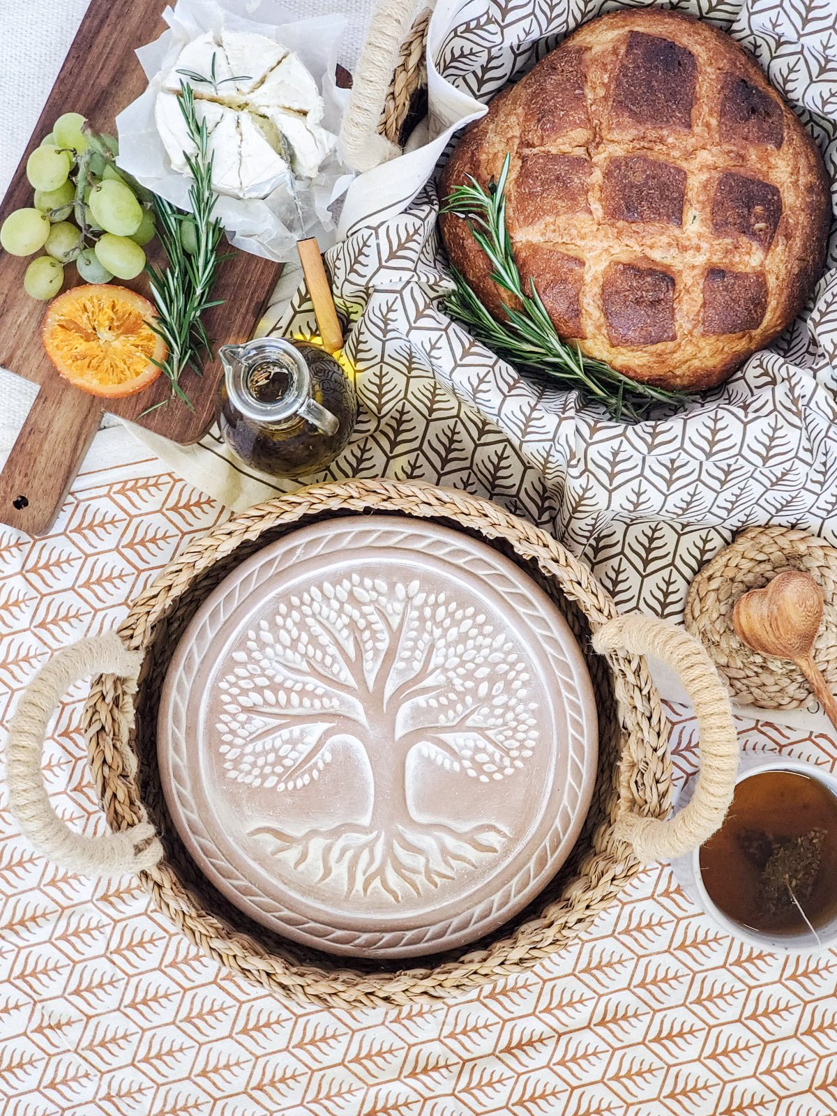 Bread Warmer & Basket Gift Set with Tea Towel - Tree of Life Round - BlueBreeze
